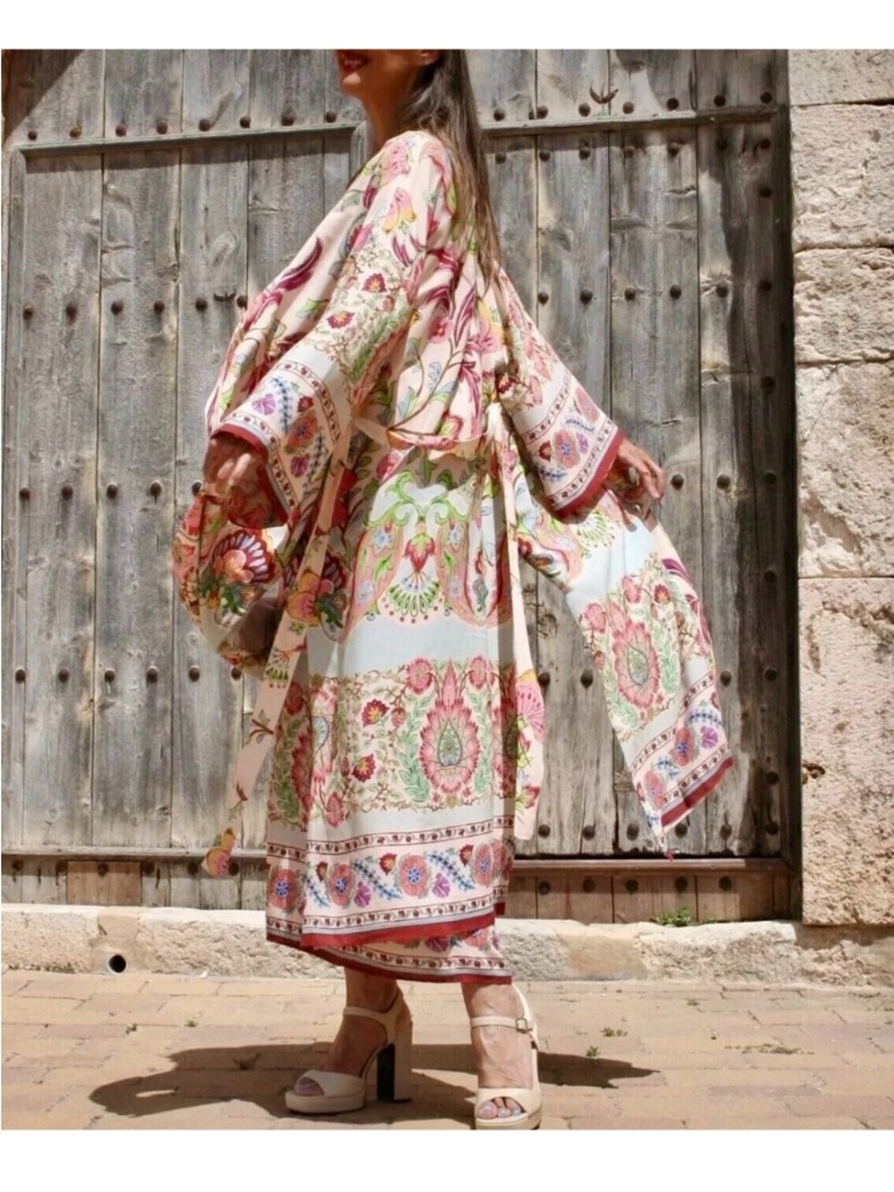 Zara Printed Satin Floral Long Kimono Robe Belted Boho Luxe